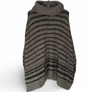 DKNY Pure, wool-alpaca blend knit gray black striped poncho, OS